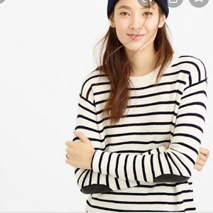 J.Crew Cream & Black Striped Sweater Faux Leather Elbow Patches 100% Merino Wool